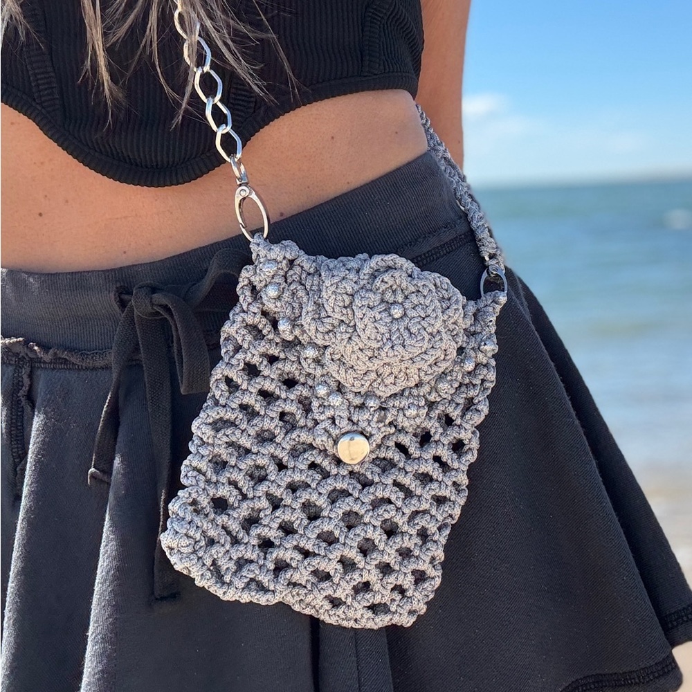 Gray Handmade Crochet Crossbody/Shoulder Bag – Adjustable Strap - Picture 3 of 11